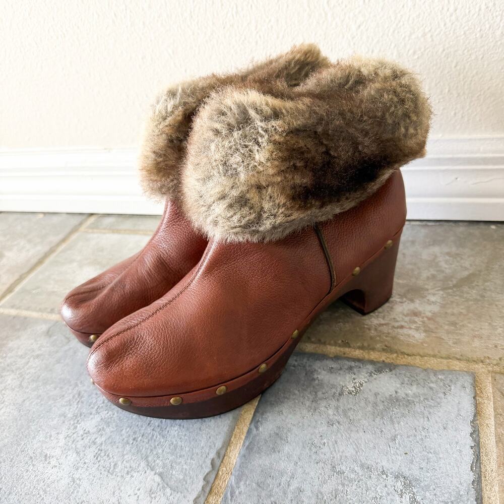 Suzzato Leather Fur Cuff Ankle Boots Clog Heel Brown Women’s Size 9